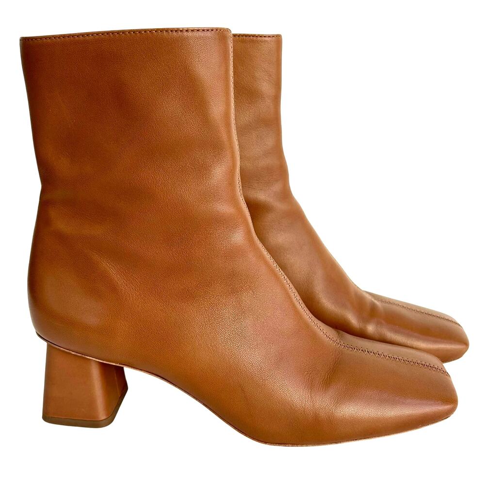 Vince Koren Cognac Brown Leather Square Toe Ankle Boots 8.5 Block Heel Side Zip